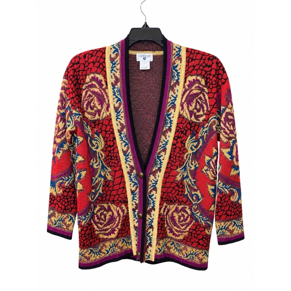 Vintage 80's Georgiou Cardigan Sweater Wool Blend Metallic Thread Sz L Unique